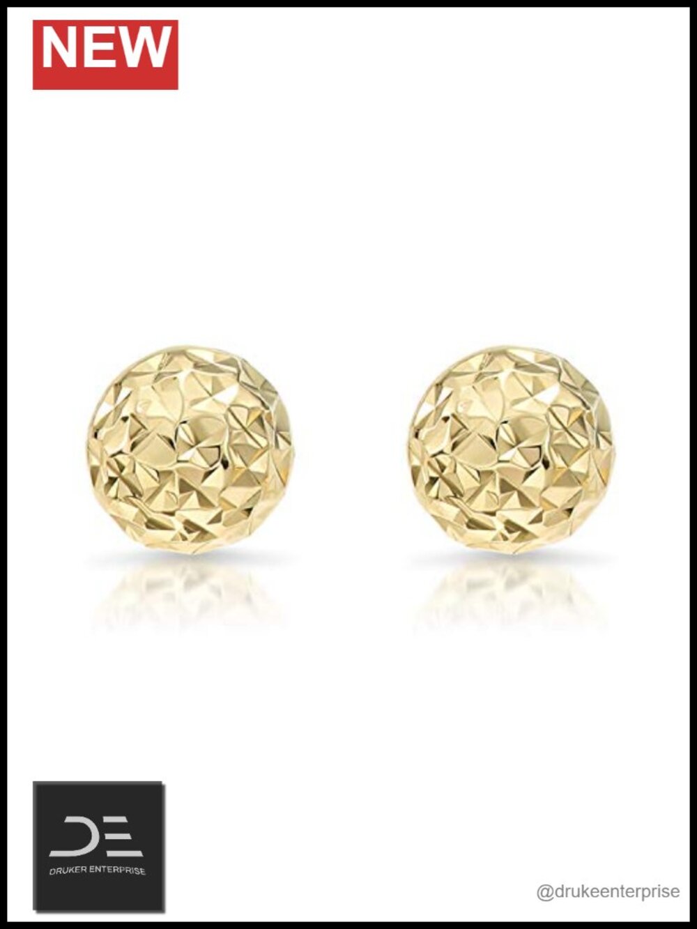 14k Yellow Gold Ball Stud Earrings Diamond-cut 8mm Push Back